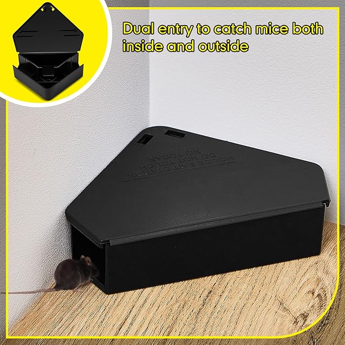 Qualirey 48 Pcs Mice Station with Key Triangle Bait Station Reusable Rodent Trap Bait Box, Keeps Children and Pets Safe Indoor & Outdoor, Bait Not Included, Suitable for Small Mice (Black)