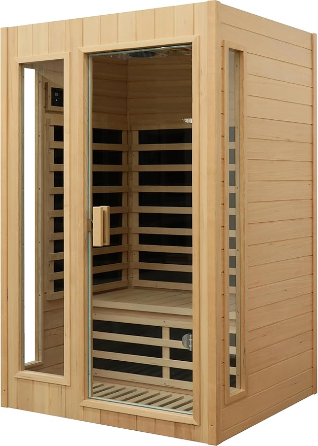 LTCCDSS Far Infrared Sauna 2 People, Low EMF Indoor Sauna for Home, Canadian Hemlock，43.2 * 38.3 * 73 in，1750W, 9 Low EMF Heaters，2 Bluetooth Speakers, 2 LED Reading Lights