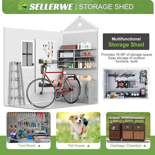6x4 FT Outdoor Storage Shed, Waterproof Resin Shed with Floor & Lockable Door & Window & Vents, Plastic Tool Shed for Backyard, Patio, Poolside, All Weather Use,Dove Grey