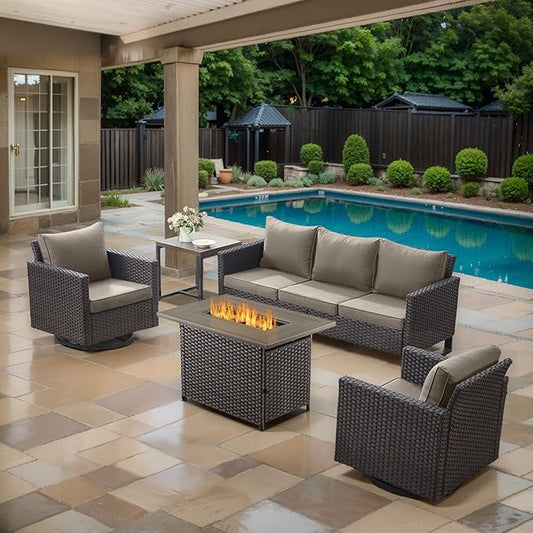 5-Piece Wicker Patio Furniture with Fire Pit Table - Outdoor Conversation Set with 50,000 BTU Fire Pit, All-Weather Rattan Patio Set for Deck, Backyard, Garden - Brown Wicker, Grey Cushion