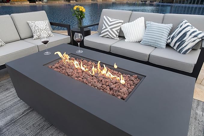 AMS Creations | Sedona Fire Pit Table with Pull-Out Propane Tank Storage Drawer | Concrete Rectangular Propane Fire Pit | Modern Outdoor Furniture | Lava Rock and Fabric Cover Included. (Dark Grey)