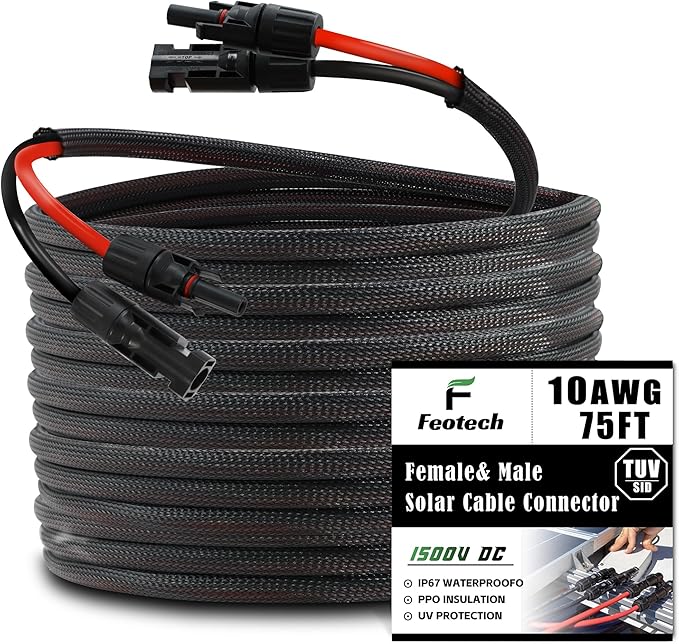 Twin Wire 75FT Solar Extension Cable - 10AWG(6mm²) Solar Panel Connector, with 6 Pairs-IP67-Male/Female Solar connectors for Outdoor Automotive RV Boat Marine Solar Panel- Black & Red