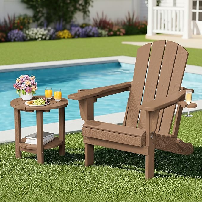 SERWALL Round Outdoor Side Table Set of 2, HDPE Small Adirondack Double End Table, Brown