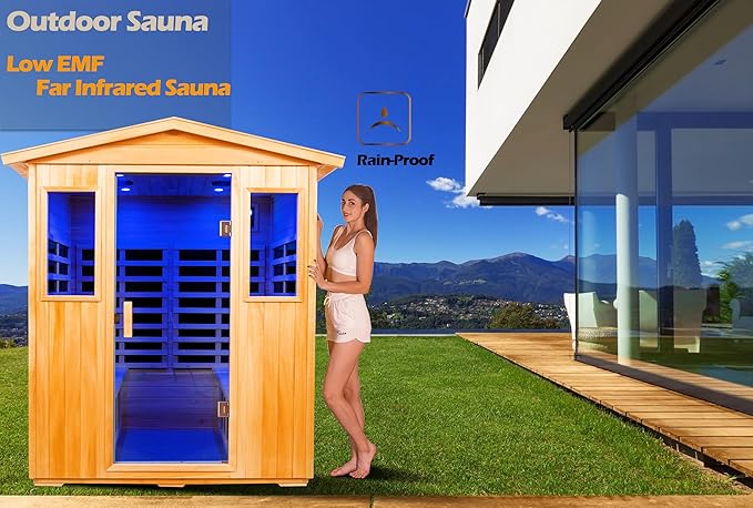 LTCCDSS Outdoor Basswood Sauna 4 Person Far Infrared Sauna, Red Cedar Canadian, Withstand Outdoor Temp -10℉-149℉| Low EMF Sauna Room for Home-12 Low EMF Boards-Chromotherapy-Bluetooth Speaker