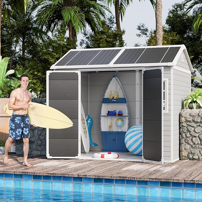CDCASA 8x6 FT Resin Storage Shed, Waterproof Large Outdoor Sheds with Floor & 2 Adjustable Openable Windows Included, Outside Plastic Tool Shed for Backyard Patio Poolside Garden Lawn