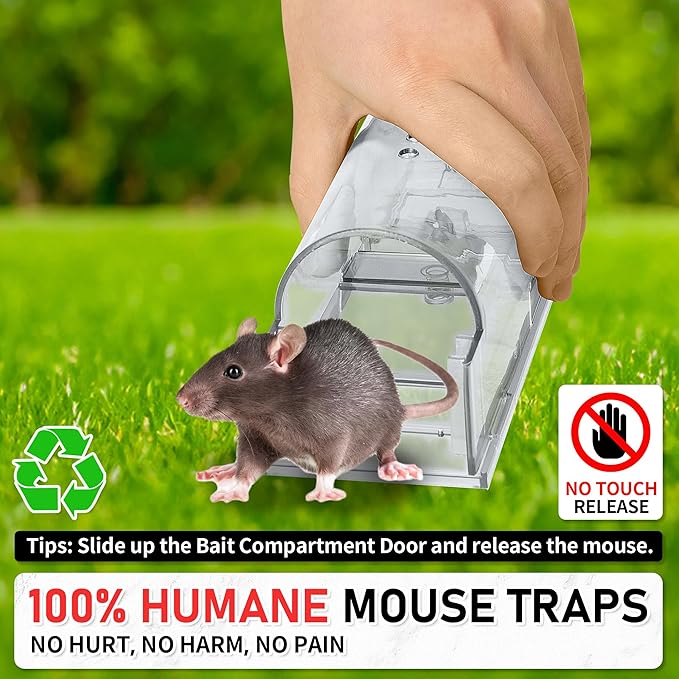 LULUCATCH Humane Mouse Traps 2 Pack, Live Mouse Traps, Catch Release Mouse Traps Indoor for Home, No Kill Mole Squirrel Rat Traps for House & Outdoors, Pet Safe, White