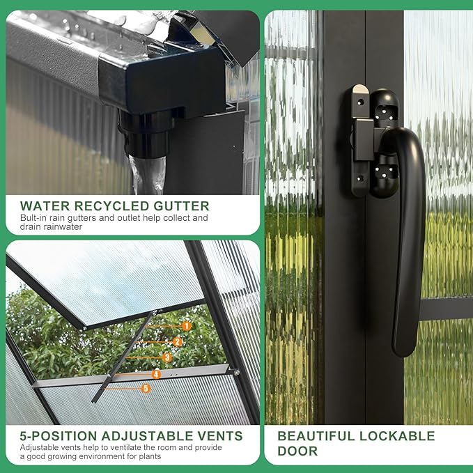 Polycarbonate Greenhouse Kit,8x6x6 FT Outsides Heavy Duty Green House with Transparent Panels Windows Door for Backyard Garden, Outside Walk in Plant Greenhouses,Black Thick Frame