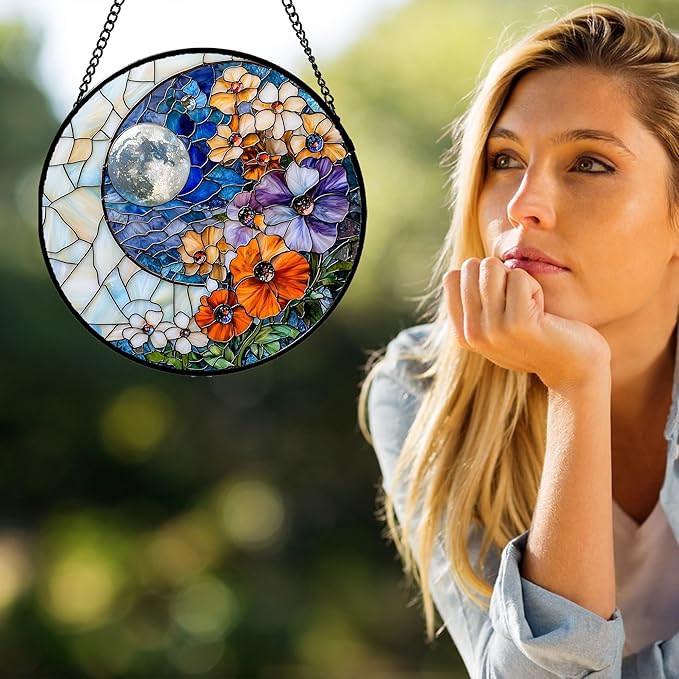 JOSUMALY Stained Glass Window Hanging - Blue White Moon Suncatcher for Door Terrace Garden Home Decor Colorful Flowers Sun Catcher Birthday Gifts for Lovers Women Men Dad Mom Nana 15 in