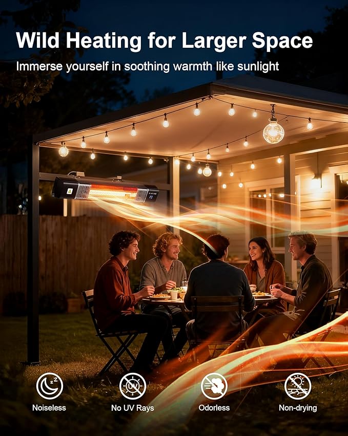 MEPTY Electric Patio Heaters for Outdoor Use, Infrared Outdoor Heater with Remote, Waterproof, Timer, 3 Heating Level, Quiet, Overheat Protection, Wall Heater for Backyard, Porch, Garage