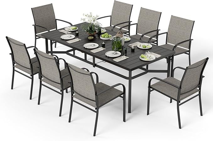 9 Pieces Patio Table and Chairs Set, Patio Dining Set for 8, 8 Brown Textilene Chairs and 1 83” Rectangular Patio Dining Table with Umbrella Hole, for Deck Backyard Lawn Poolside