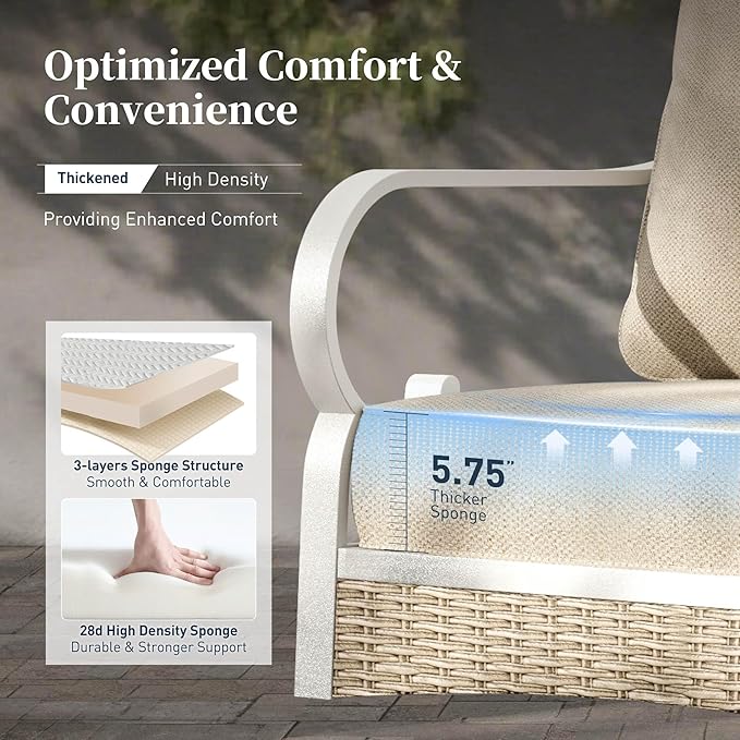 4 PCS Metal Outdoor Patio Furniture Set, Patio Conversation Sets 1 3-seater Sofa, 2 Swivel Chairs with 5.75" Extra Thick Cushion and Coffee Table, White Frame Backyard Furniture, Beige