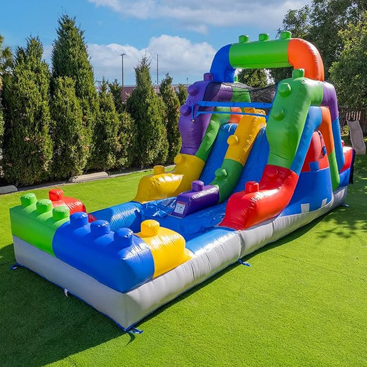 Herokiddo Block Party 12’ Tall Dual Lane Backload Inflatable Water Slide with Attached Pool, for Kids and Adults, Commercial Grade PVC Vinyl, Outdoor Backyard Fun, Blow Up Water Park, Blower Included