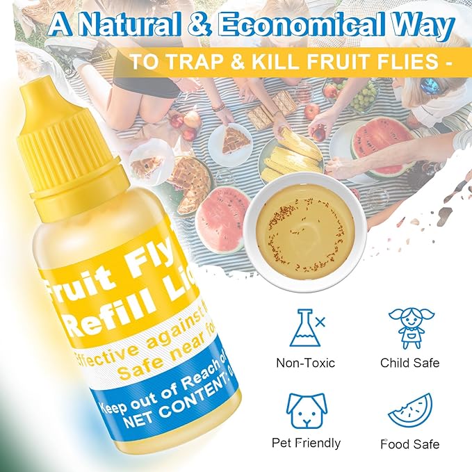 Qualirey Fruit Fly Trap for Indoor and Kitchen Use, 0.68 oz Each Bottle Fruit Fly Trap Refill Liquid, Ready to Use, Safe Near Food, Efficient Lure Refill Liquid, Yellow (20 Pack)