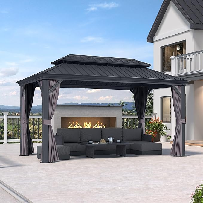 PURPLE LEAF 11' X 15' Hardtop Gazebo Aluminum Gazebo with Galvanized Steel Double Roof for Patio Lawn and Garden Curtains and Netting Included Grey