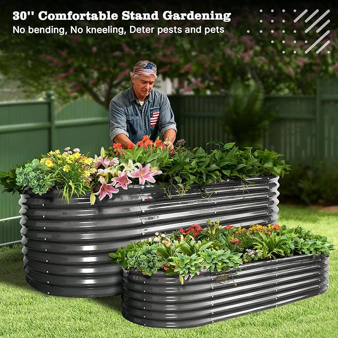 A ANLEOLIFE 30" Extra Tall Galvanized Raised Garden Beds Outdoor, 6x3x2.5ft Oval Metal Planter Boxes for Planting Vegetables, Flowers, Fruits, Eco-Safe & Easy Setup, Quartz Grey