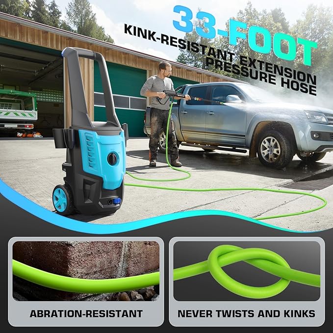 Electric Pressure Washer 5000PSI, High Power Washer with 33FT Hose Reel, 4 QC Nozzles and Soap Bottle, Power Cleaners Machine for Cars/Home/Driveways/Patios/Decks/Fences, Light Blue.