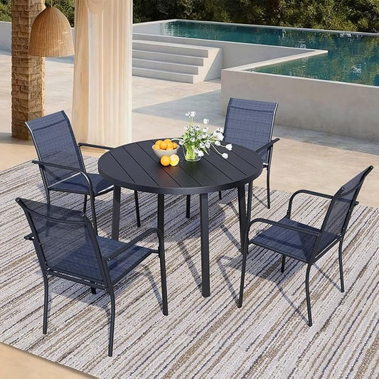 5 Pieces Patio Dining Set for 4, Dark Blue Patio Stackable Chairs and Black Round Table Set of 4, Outdoor Furniture Set with Sling Support for Outside, Garden