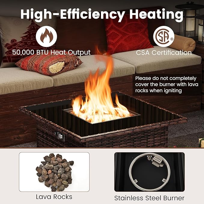 Tangkula 32.5 Inch Propane Fire Pit Table, Outdoor Rattan Gas Firepit with Tempered Glass Tabletop & Stainless Steel Burner, Square Fire Pit with Lava Rocks & Protective Cover for Outside Patio