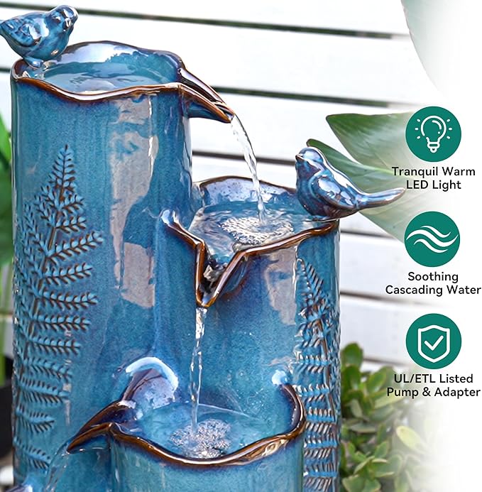 Autodaya Outdoor Water Fountain with Lights, 32" Ceramic Vase Fountain with 4-Tier Waterfall and Bird Decor, Tall Garden Waterfall with Turquoise Glaze & Tropical Fern for Patio, Yard, Balcony, Porch
