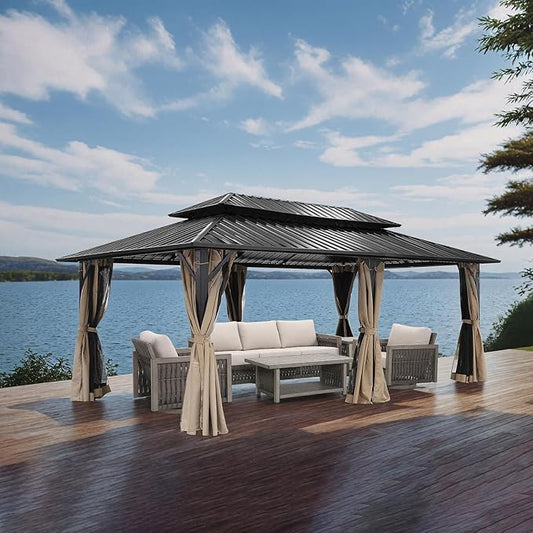 SEEHILL 12' x 20' Hardtop Gazebo, Outdoor Patio Gazebo, Aluminum Frame Patio Hardtop Gazebos with Netting and Curtain, Outdoor Patio Pergola with Double Steel Roofs for Deck, Lawns, Parties, Sandstone