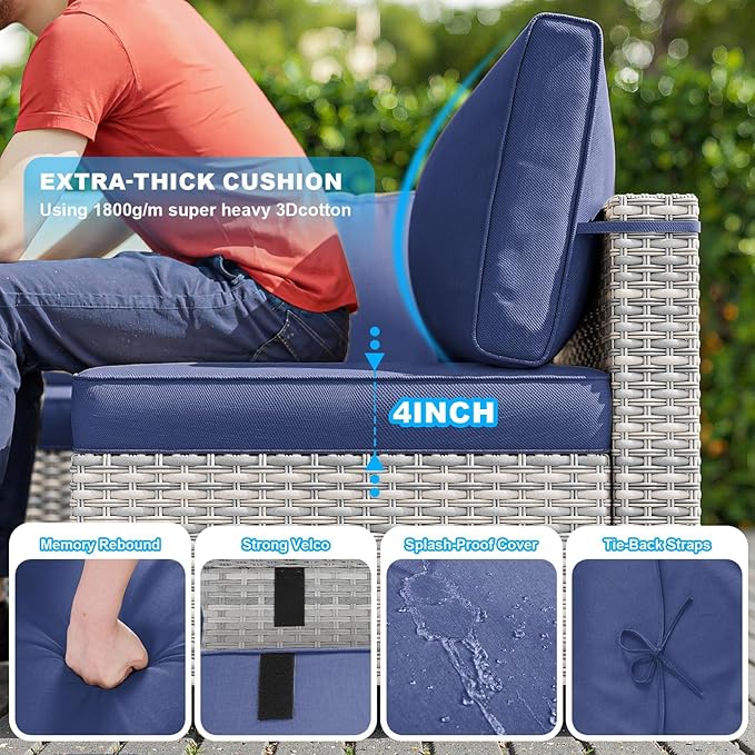 18-Piece Patio Furniture Set, Outdoor Patio Furniture with 55,000 BTU Fire Pit Table, Swivel Chairs Set, Thick Cushions, Modular Patio Sofa, Dual-Strand Wicker Rattan, Rust-Resistant Frame,Navy Blue