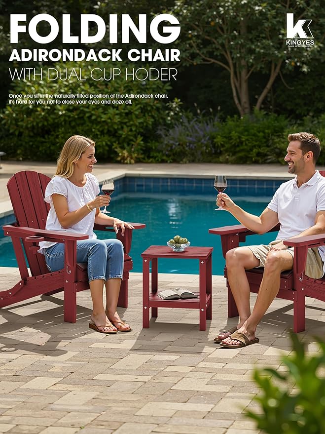 KINGYES Folding Adirondack Chair Set of 8, Dual Cup Holders & All-Weather HDPE, Wood-Like Patio Chair for Backyard, Camping, Pool & Fire Pit, Dark Red