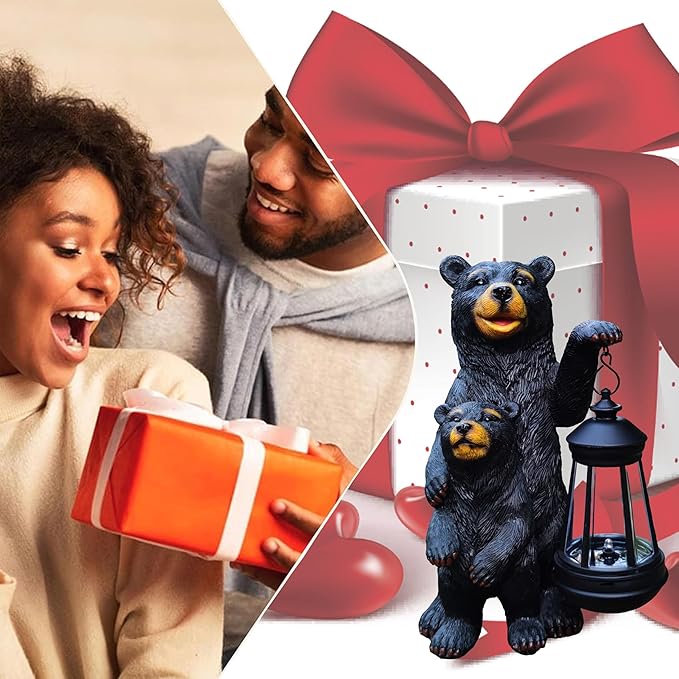 RCTTICUU Black Bear Solar Lantern Garden Statues，Loving Bear Figurine Lights for Outside Decoration ,Lawn Outdoor Decor for Patio,Balcony,Yard-Unique Gift for Grandma Wowen Mom