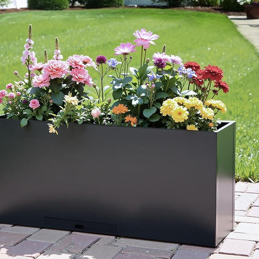 KOL Galvanized Steel Rectangular Planter Box, (16''H.x12''W.x36''L) Large Planters for Indoor Outdoor Plants,Black Powder Coated Metal Planter, Heavy Duty Modern Flower Pot, Commercial & Residential