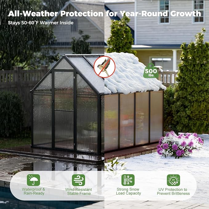 6x8 FT Aluminum-Framed Greenhouses for Outdoors Heavy Duty, Polycarbonate Greenhouse with Quick Setup Structure and Sliding Door, Walk-in Greenhouse Kit for Garden & Backyard
