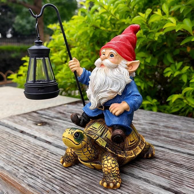 Garden Gnome Statue - Riding Turtle Outdoor Garden Statue Decorations with Solar LED Lights, 7.9" Figurine Ornament for Patio, Yard, Funny Lawn Decor Valentine's Day Gifts for Her, Wife, Sister