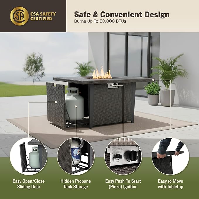 Kinger Home Ethan Rattan 42-Inch Propane Gas Fire Pit Table, Outdoor Patio Firepit, 50,000 BTU, CSA Certified, Includes Wind Guard & Fire Glass