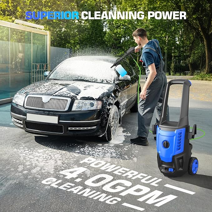Professional Pressure Cleaner, Portable Power Washer with 4 QC Nozzles and Soap Bottle, Cleaner Machine for Cars/Home/Driveways/Patios/Decks/Fences, Blue
