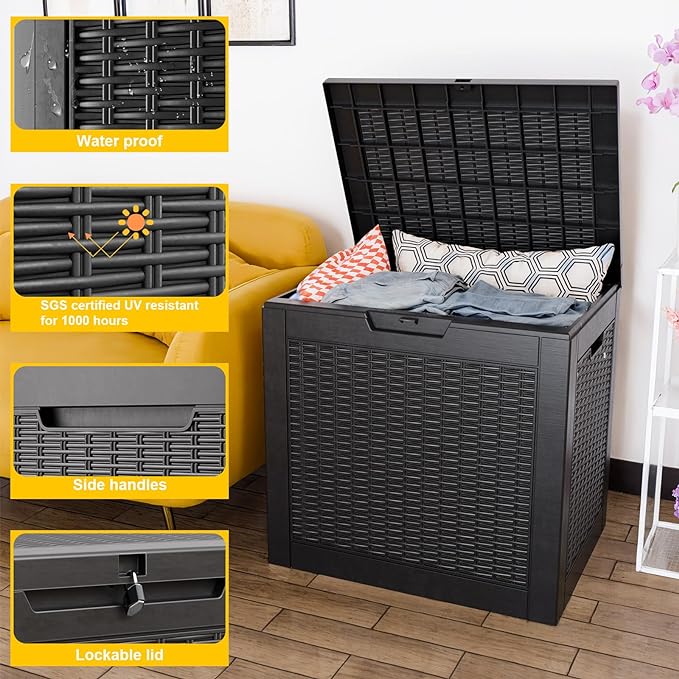31 Gallon Outdoor Deck Box,Storage Lockable Waterproof Patio Furniture,Garden Tools,Cushions,Pool Accessories Outside Storage Resin Box(Black)