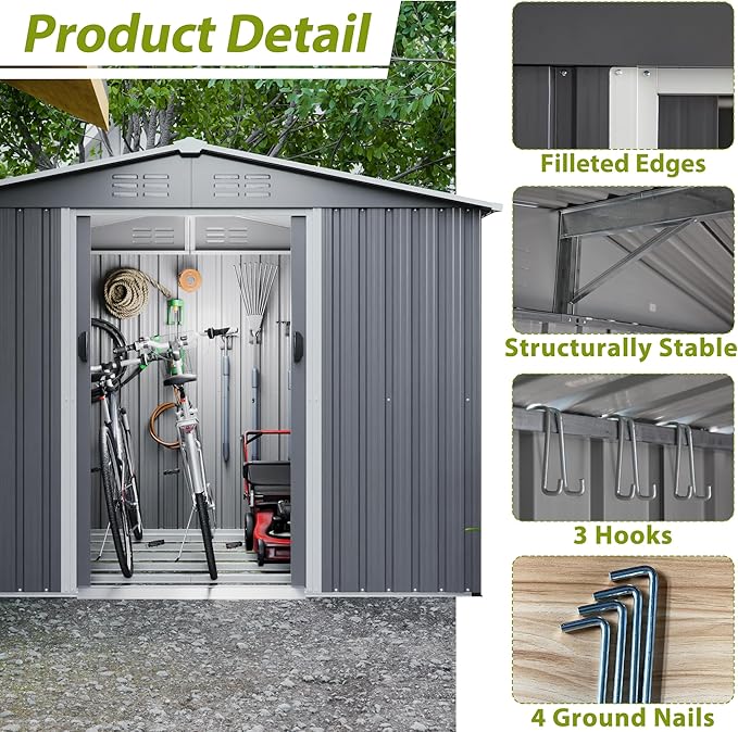 8X6 FT Outdoor Storage Shed with Roof,Waterproof House Tool Cabinet W/Metal Foundation & Lockable Doors,for Shovels,Umbrellas,Antennas,Escalators,Gray