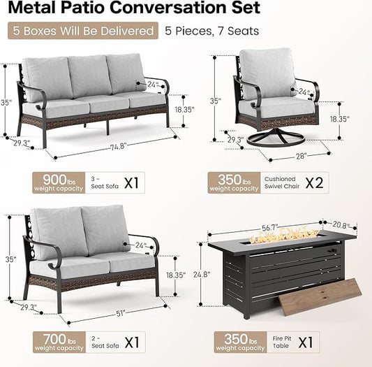 5 Piece Black Metal Outdoor Patio Furniture Sets with Firepit Table, Patio Conversation Sets 1 3-seater Sofa, 1 2-seater Sofa, 2 Swivel Sofa with 5.75" Cushion for Backyard, Light Gray