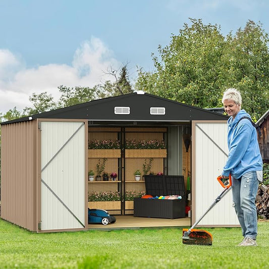 GUNJI 10 x 8 FT Shed Outdoor Storage Shed Metal Garden Shed with Lockable Door Outside Waterproof Tool Shed for Backyard, Patio, Lawn (Brown)
