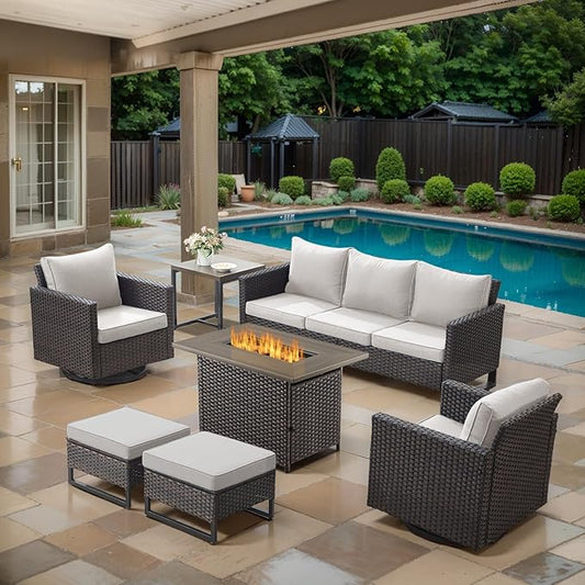 7 Piece Wicker Patio Furniture with Fire Pit Table - Outdoor Conversation Set with 50,000 BTU Fire Pit, All Weather Rattan Patio Set for Deck Backyard Garden - Brown Wicker Beige Cushion