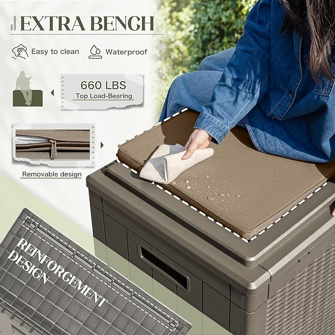 Greesum 100 Gallon Resin Deck Box Large Outdoor Storage with Cushions for Patio Furniture, Garden Tools, Pool Supplies, Weatherproof and UV Resistant, Lockable, Light Coffee