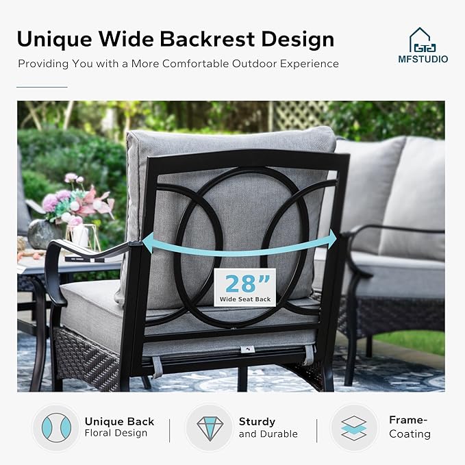 MFSTUDIO 5 Pieces Outdoor Patio Furniture Set, Metal Outdoor Conversation Sofa, Rattan Wicker Patio Sectional Sofa Set with 4 x Fixed Single Sofa, 1 x Fire Pit Table, Grey