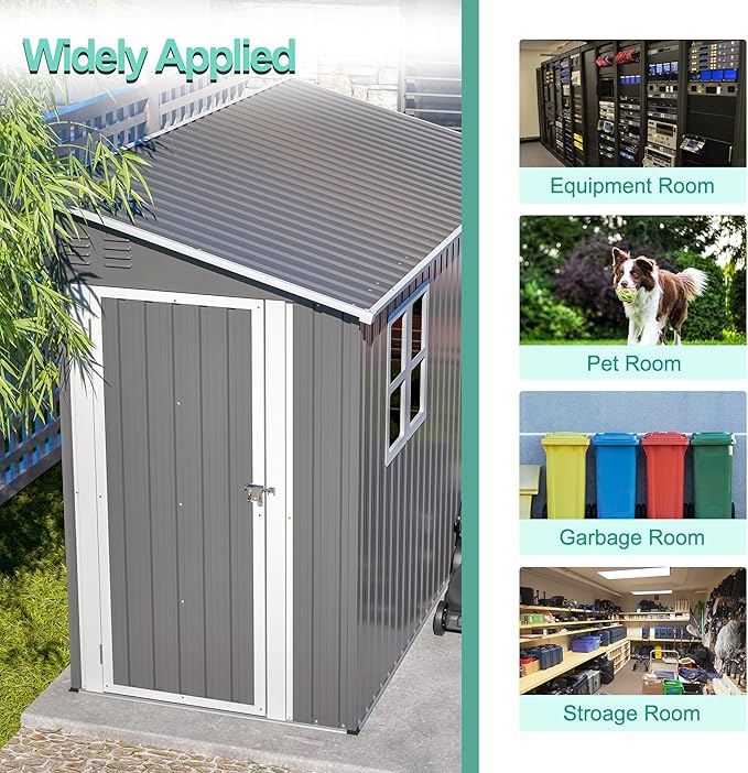 4x10 FT Outdoor Storage Shed, Metal Shed, Lockable Door, Sloping Roof, All-Weather Lean to Resin Shed for Garden, Backyard, Patio, Lawn (Gray)