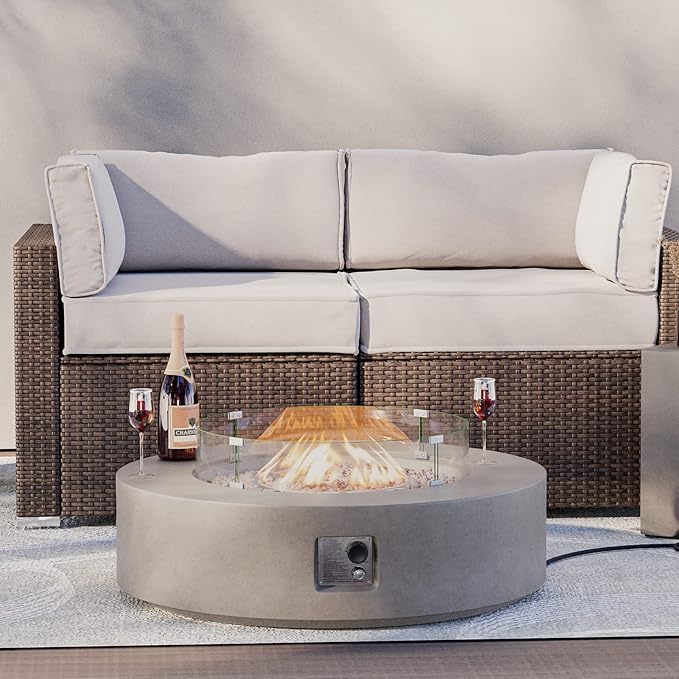 HOMPUS Outdoor Round Propane Fire Pit Table, 41''Fire Table w Wind Guard, 50000 BTU Fire Pit w Free Waterproof Cover & Fire Stone for Patio, Garden, Grey