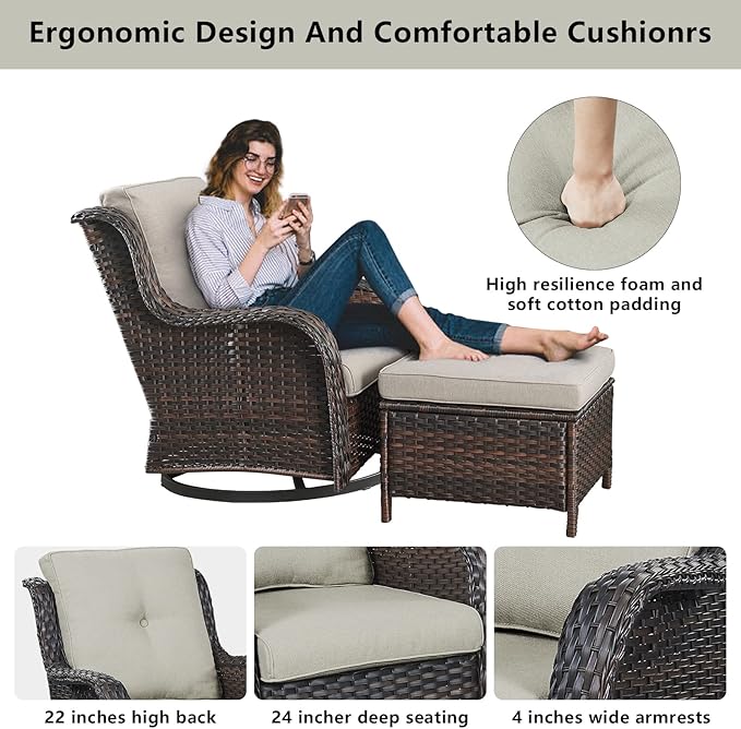 Belord Wicker Patio Furniture Sets - 8 Piece Outdoor Rattan Furniture Conversation Sets with 4 Swivel Rocker Chairs, Rattan Sofa, Wicker Ottomans and Coffee Table, Brown/Beige