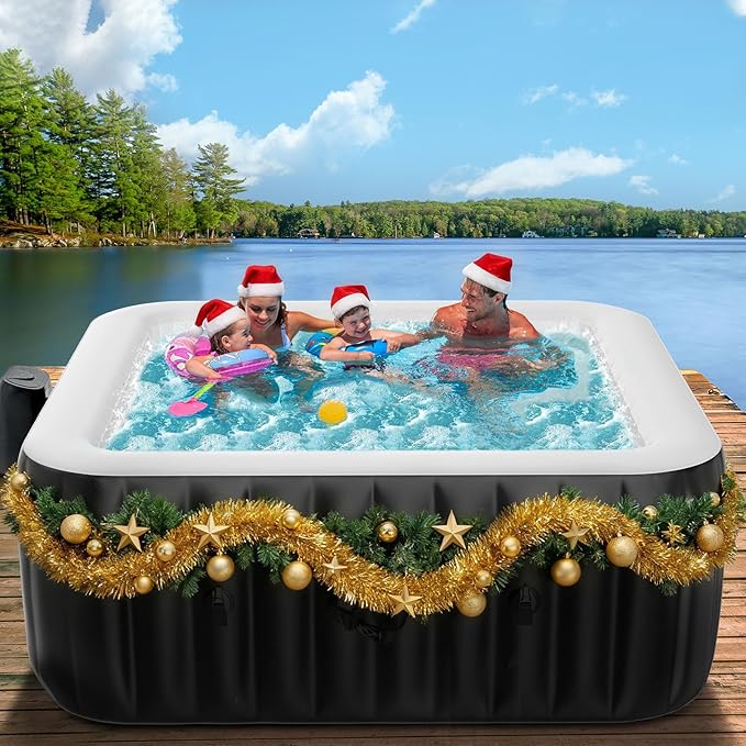 4-6 Person Inflatable Blow Up Hot Tub, Square Portable Hot Tub, Leak-Proof PVC Outdoor Spa with 130 Strong Air Jets, Heater Pump and Insulated Cover, 73” X 73”X 25”