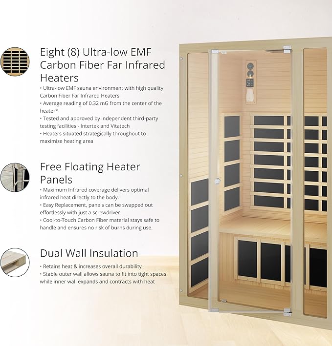 JNH Lifestyles Ensi 2-Person Home Infrared Sauna with Red Light Therapy, Ultra-Low EMF - Indoor Personal Luxury Spa for House and Gym