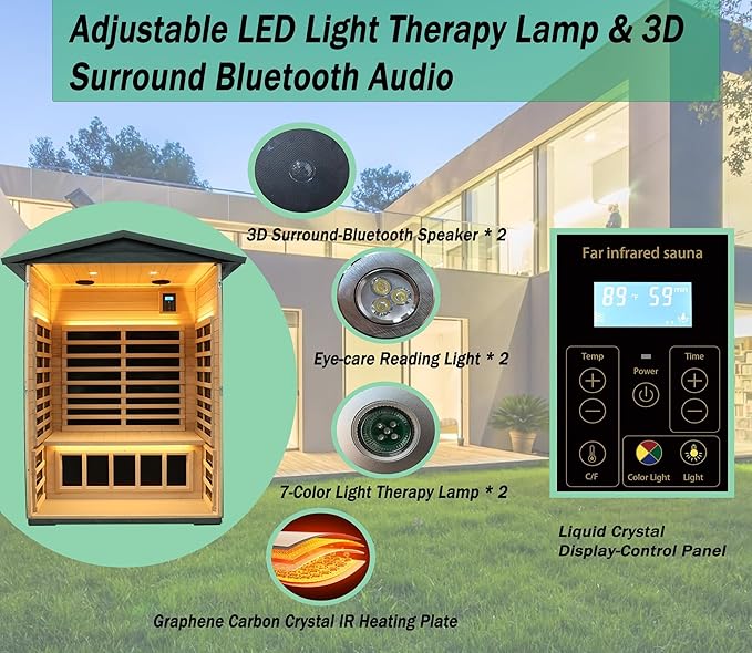 Ultra-Low EMF Outdoor Sauna 2-Person, Carbonized Composite Wood Far Infrared Sauna for Home, EMF 0.1-1mG, 6 Carbon Crystal Heaters, 360° Full Enclosure, Bluetooth & Chromotherapy (57.8*40.5*81.1 In)