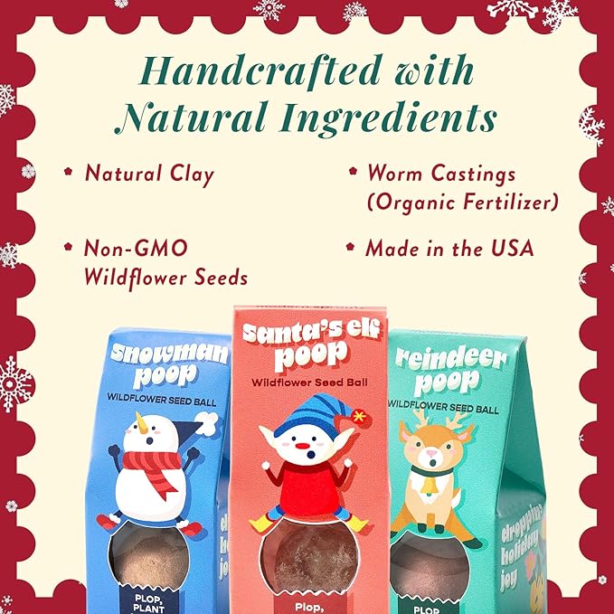 Modern Sprout Wildflower Seed Ball Poop - Christmas Gift - Non-GMO, Hand-Rolled Clay Seed Bombs with Wildflower Seeds - Plop Plant & Grow Gardening Gift Set for Kids & Adults (Jingle Plop - Pack of 3)