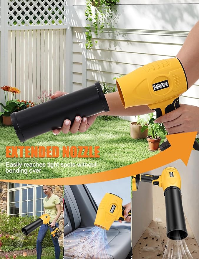 Leaf Blower Cordless, Powerful Handheld Electric Blower with 2×21V Batteries, Lightweight Leaf Blower for Lawn Care, Patio, Leaves, Snow & Dust Removal (Yellow Leaf Blower)
