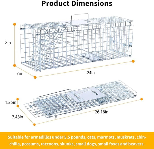 24" Live Animal Trap, Humane Animal Trap for Stray Cats up to 5.5 pounds, Raccoons, Squirrels, Skunks, Moles, Marmots, Armadillos, Rabbits, Steel Folding with Pedal Trigger