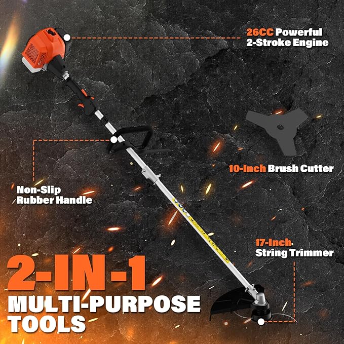 MAXLANDER 26cc Gas Weed Wacker, 2-in-1 Multi Tools, String Trimmer 17-Inch with 10-Inch Brush Cutter, Use 2 Cycle Air-Cooled Engine with Rubber Handle & Shoulder Strap Included, for Mowing Lawns