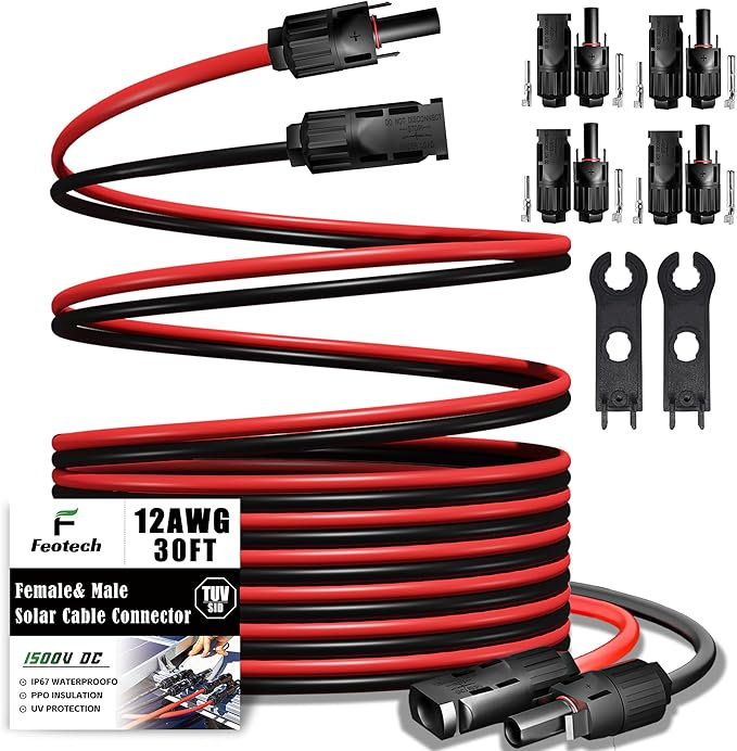 Twin Wire 30FT Solar Extension - 12AWG (4mm²) Solar Connector, with 4 Pairs-IP67-Male/Female Solar connectors for Outdoor Automotive RV Boat Marine Solar - Black & Red